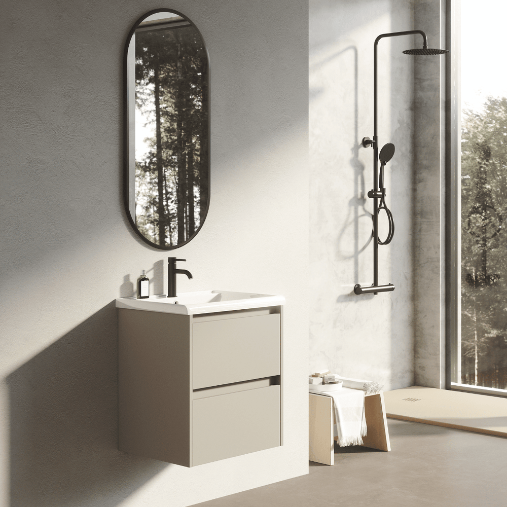 Mueble de Baño Suspendido Fondo Reducido con Lavabo Cerámico modelo Veloz| Mueble Volado 2 Cajones | Moka - 