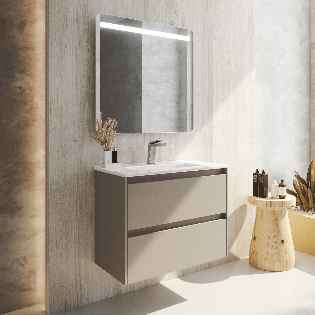 Mueble de Baño Suspendido Fondo Reducido con Lavabo Cerámico modelo Veloz| Mueble Volado 2 Cajones | Moka