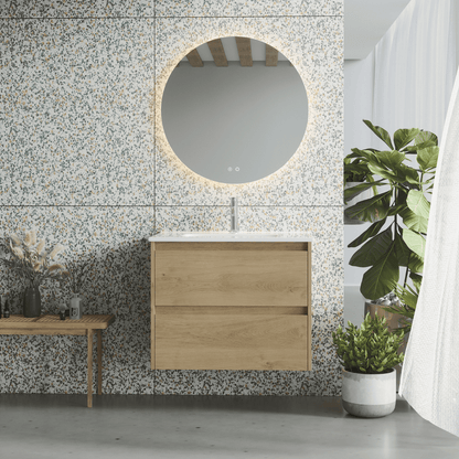 Mueble de Baño Suspendido Fondo Reducido con Lavabo Cerámico modelo Veloz| Mueble Volado 2 Cajones | Roble Natural