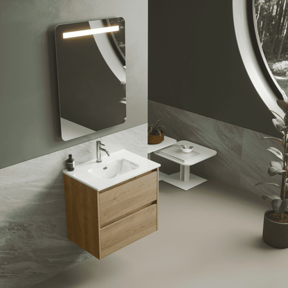 Mueble de Baño Suspendido Fondo Reducido con Lavabo Cerámico modelo Veloz| Mueble Volado 2 Cajones | Roble Natural