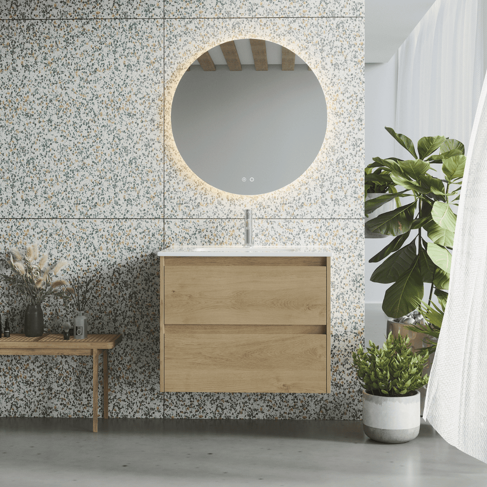 Mueble de Baño Suspendido Fondo Reducido con Lavabo Cerámico modelo Veloz| Mueble Volado 2 Cajones | Roble Natural - 