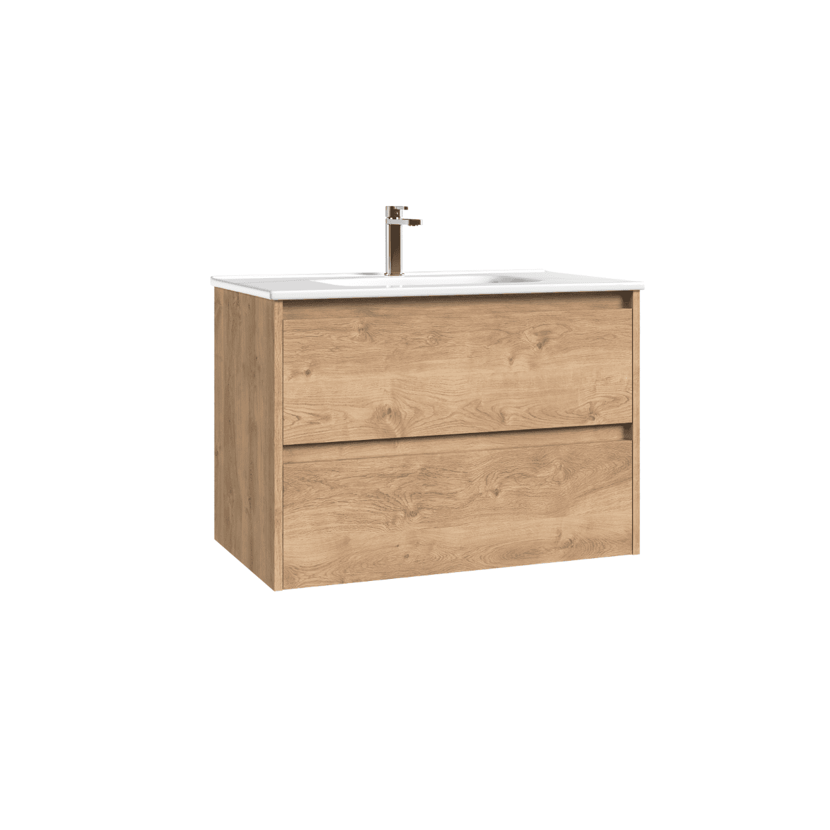 Mueble de Baño Suspendido Fondo Reducido con Lavabo Cerámico modelo Veloz| Mueble Volado 2 Cajones | Roble Natural