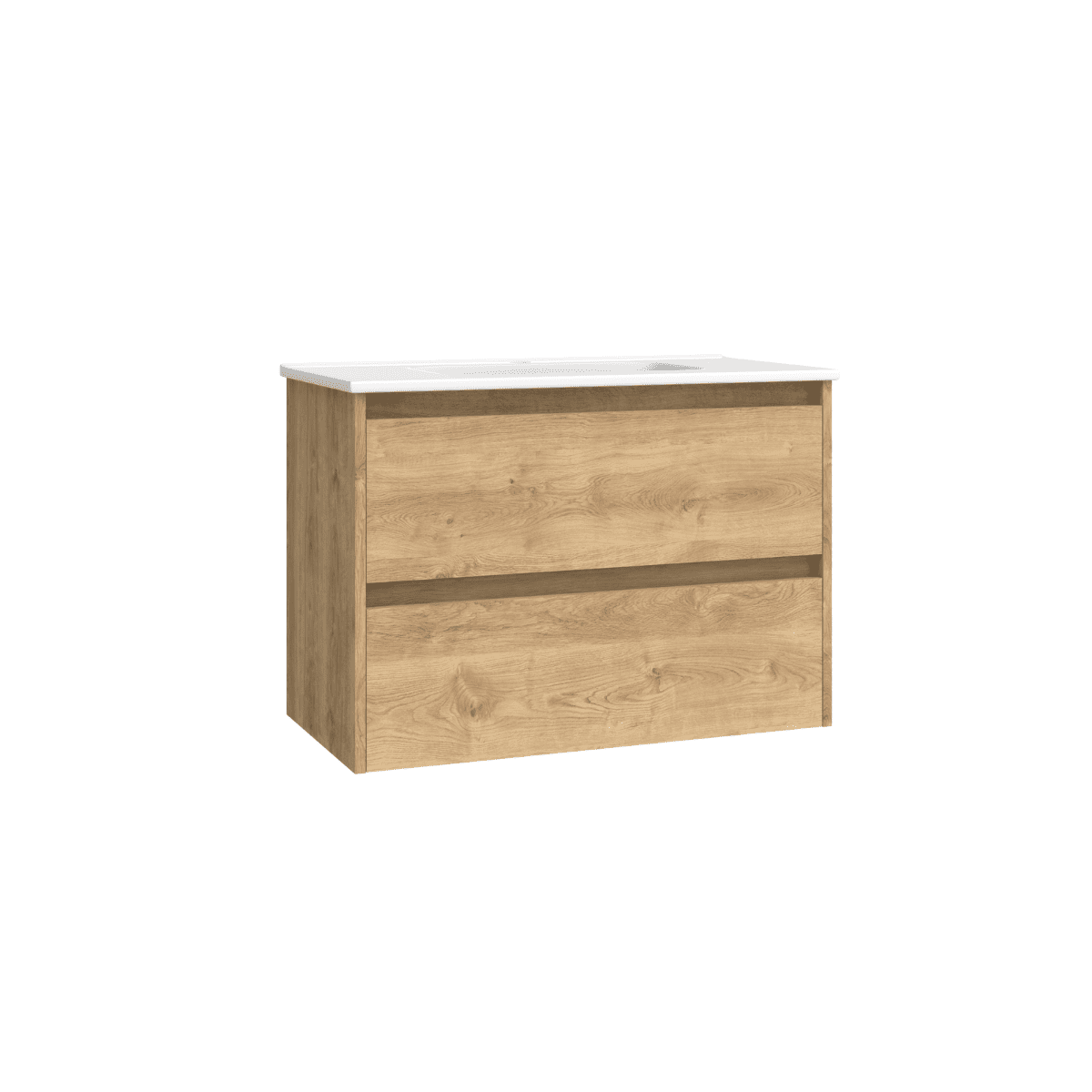 Mueble de Baño Suspendido Fondo Reducido con Lavabo Cerámico modelo Veloz| Mueble Volado 2 Cajones | Roble Natural