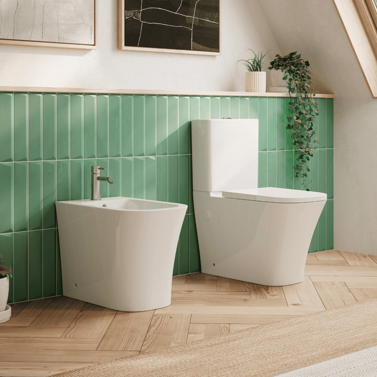 Aten Wc Inodoro Completo Compacto Adosado a Pared Cuadrado con Sistema Rimless | Wc Completo con Salida Dual y Asiento Amortiguado + Bide