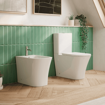 Aten Wc Inodoro Completo Compacto Adosado a Pared Cuadrado con Sistema Rimless | Wc Completo con Salida Dual y Asiento Amortiguado + Bide