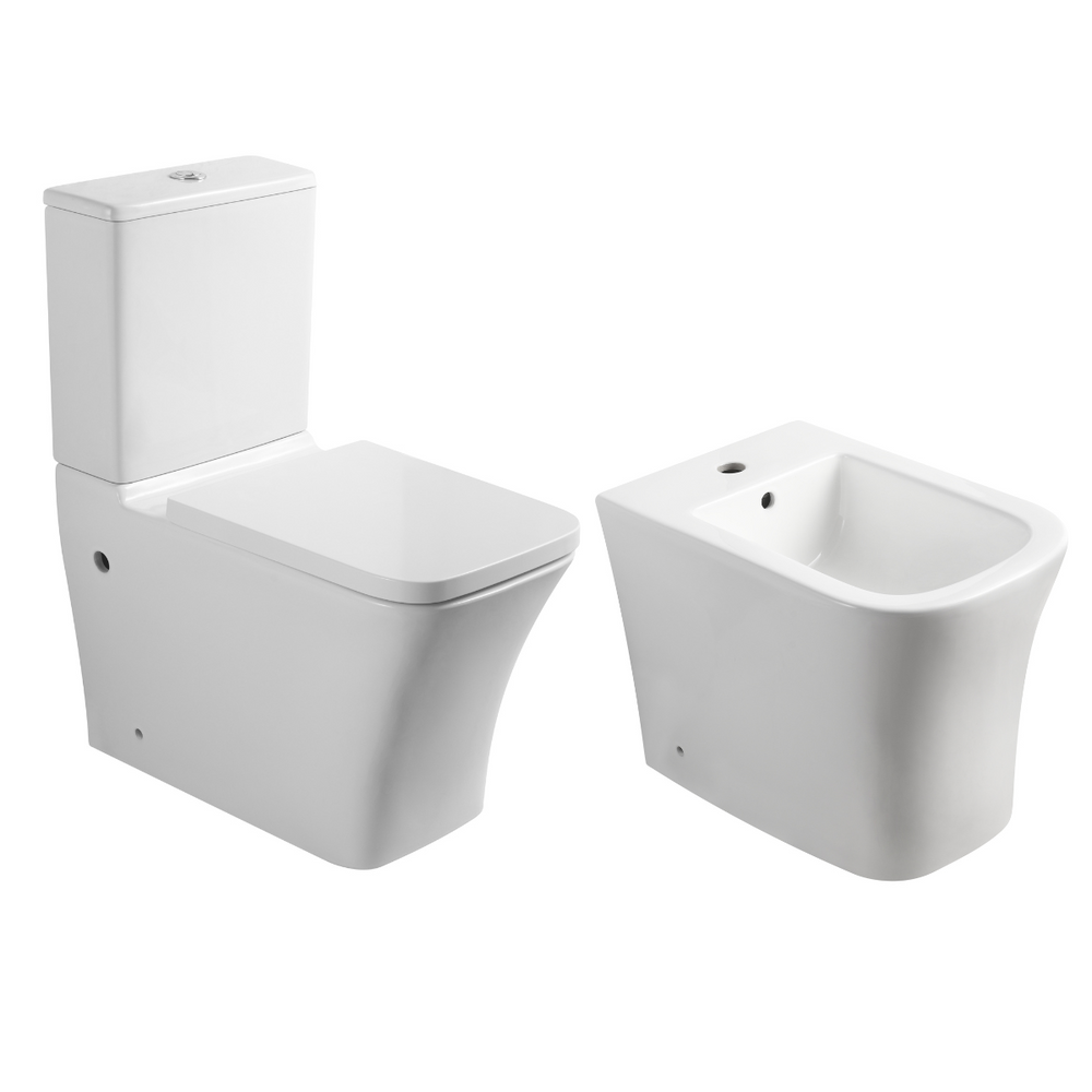 Aten Wc Inodoro Completo Compacto Adosado a Pared Cuadrado con Sistema Rimless | Wc Completo con Salida Dual y Asiento Amortiguado + Bide - 