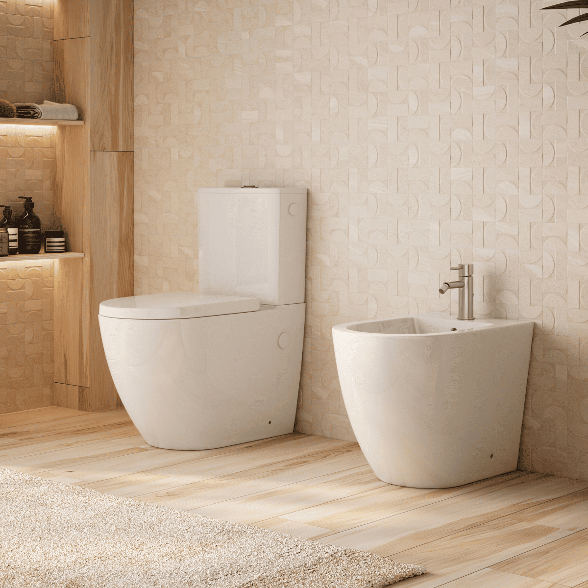 Espart Wc Inodoro Completo Compacto Adosado a Pared Redondo con Sistema Rimless | Wc Completo con Salida Dual y Asiento Amortiguado + Bide