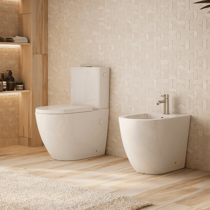 Espart Wc Inodoro Completo Compacto Adosado a Pared Redondo con Sistema Rimless | Wc Completo con Salida Dual y Asiento Amortiguado + Bide