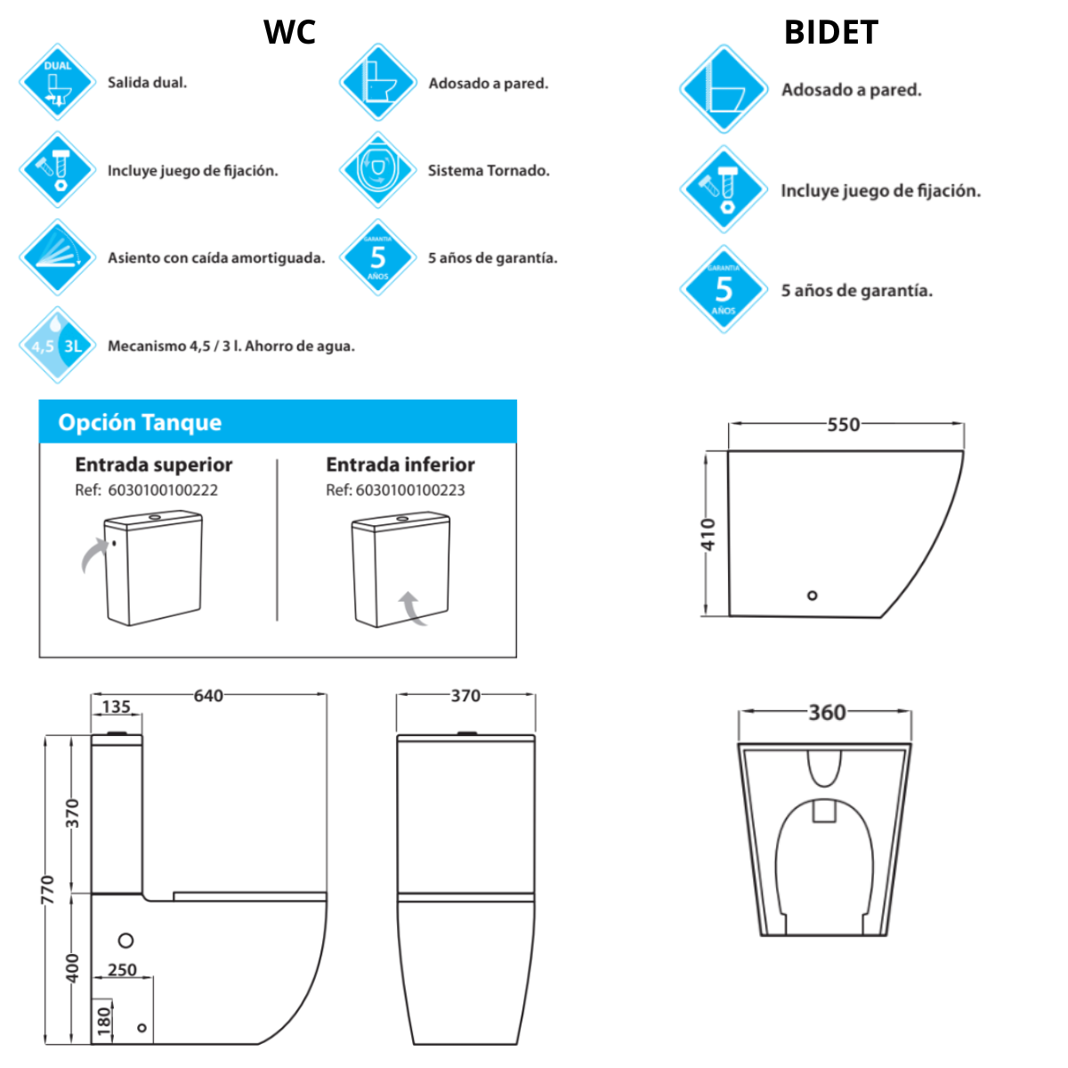 Espart Wc Inodoro Completo Compacto Adosado a Pared Redondo con Sistema Rimless | Wc Completo con Salida Dual y Asiento Amortiguado + Bide