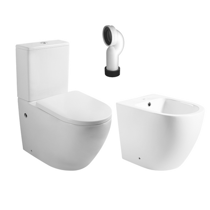 Espart Wc Inodoro Completo Compacto Adosado a Pared Redondo con Sistema Rimless | Wc Completo con Salida Dual y Asiento Amortiguado + Bide