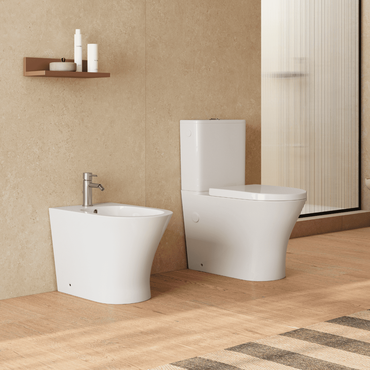 Pack Wc Inodoro Completo Ceramico Blanco Fondo Reducido Rimless y Tapa Extrafina Caida Amortiguada + Bidet a Suelo de Bano Moderno - Sin tapa y Facil Limpieza Olimp (Pack Wc + Bidet)