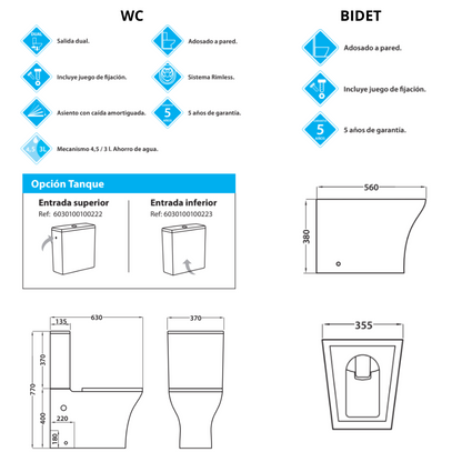 Pack Wc Inodoro Completo Ceramico Blanco Fondo Reducido Rimless y Tapa Extrafina Caida Amortiguada + Bidet a Suelo de Bano Moderno - Sin tapa y Facil Limpieza Olimp (Pack Wc + Bidet)