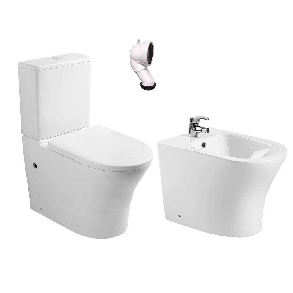 Pack Wc Inodoro Completo Ceramico Blanco Fondo Reducido Rimless y Tapa Extrafina Caida Amortiguada + Bidet a Suelo de Bano Moderno - Sin tapa y Facil Limpieza Olimp (Pack Wc + Bidet) - 