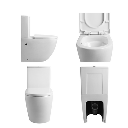 Espart Wc Inodoro Completo Compacto Adosado a Pared Redondo con Sistema Rimless | Wc Completo con Salida Dual y Asiento Amortiguado