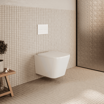 Aten Inodoro Suspendido Empotrado Rimless | Wc Colgante Cuadrado Ceramica Sin Bridas Montado a Pared con Tapa Caida Amortiguada Fondo reducido