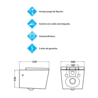 Aten Inodoro Suspendido Empotrado Rimless | Wc Colgante Cuadrado Ceramica Sin Bridas Montado a Pared con Tapa Caida Amortiguada Fondo reducido