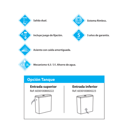 Tripol Wc Inodoro Completo Redondo con Sistema Rimless | Wc Completo Fondo reducido con Salida Dual y Asiento Amortiguado