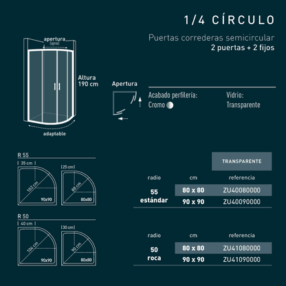 Zurita Mampara de Ducha Semicircular Corredera| Mampara Ducha Curva Angular Transparente| Cristal Templado 5mm Antical | Altura 190 cm