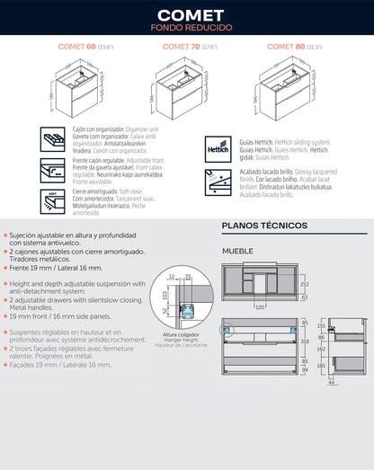 Comet Mueble de Baño Suspendido Fondo Reducido | 2 Cajones con Cierre Amortiguado y Lavabo Cerámico | Roble Natural