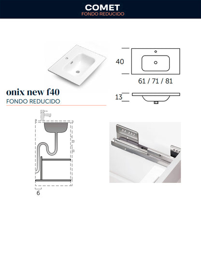 Comet Mueble de Baño Suspendido Fondo Reducido | 2 Cajones con Cierre Amortiguado y Lavabo Cerámico | Roble Natural