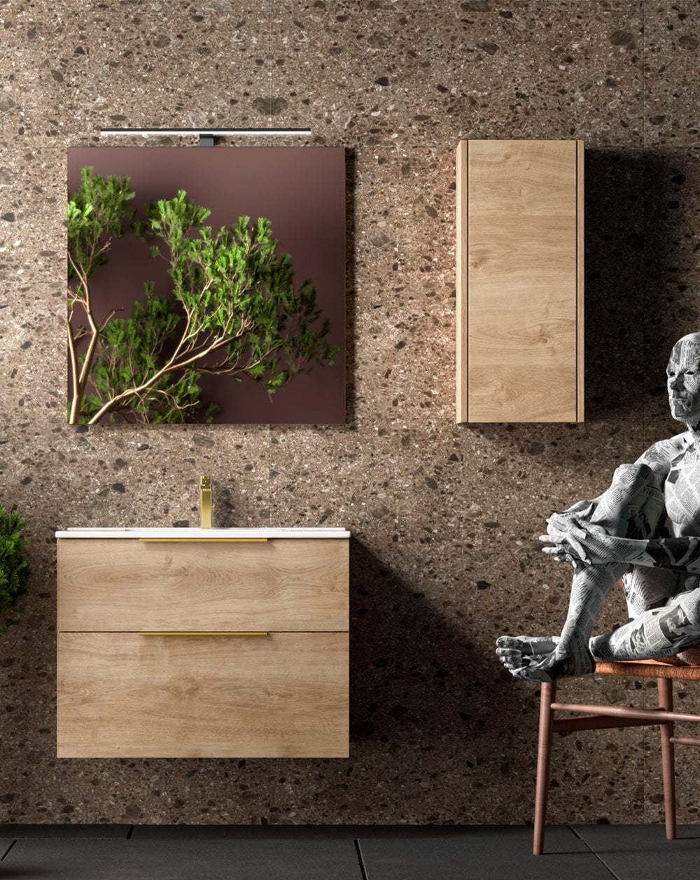Comet Mueble de Baño Suspendido Fondo Reducido | 2 Cajones con Cierre Amortiguado y Lavabo Cerámico | Roble Natural