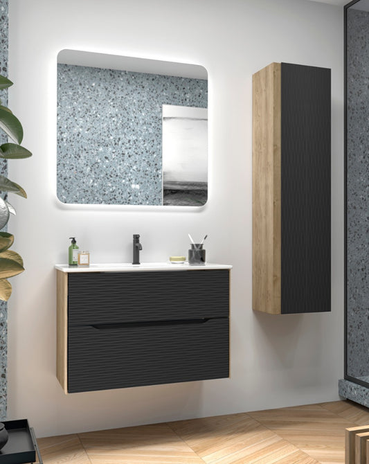 Sahara Wall Mounted Bathroom Vanity Unit with Ceramic Sink | 2 Soft-Close Drawers and Organizer | Onyx Sink | Matt Jet Black 