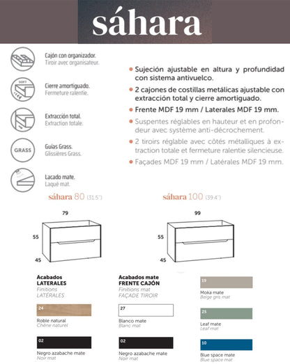 Meuble de salle de bain suspendu Sahara avec lavabo en céramique | Fermeture rembourrée et organisateur à 2 tiroirs | Lavabo Onix | Noir de jais mat