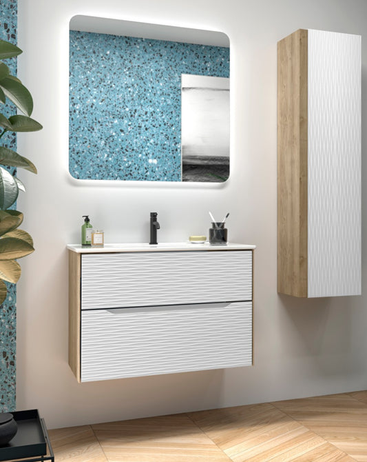 Sahara Wall Mounted Bathroom Cabinet with Ceramic Sink | 2 Soft-Close Drawers and Organizer | Onyx Sink | Matte White 